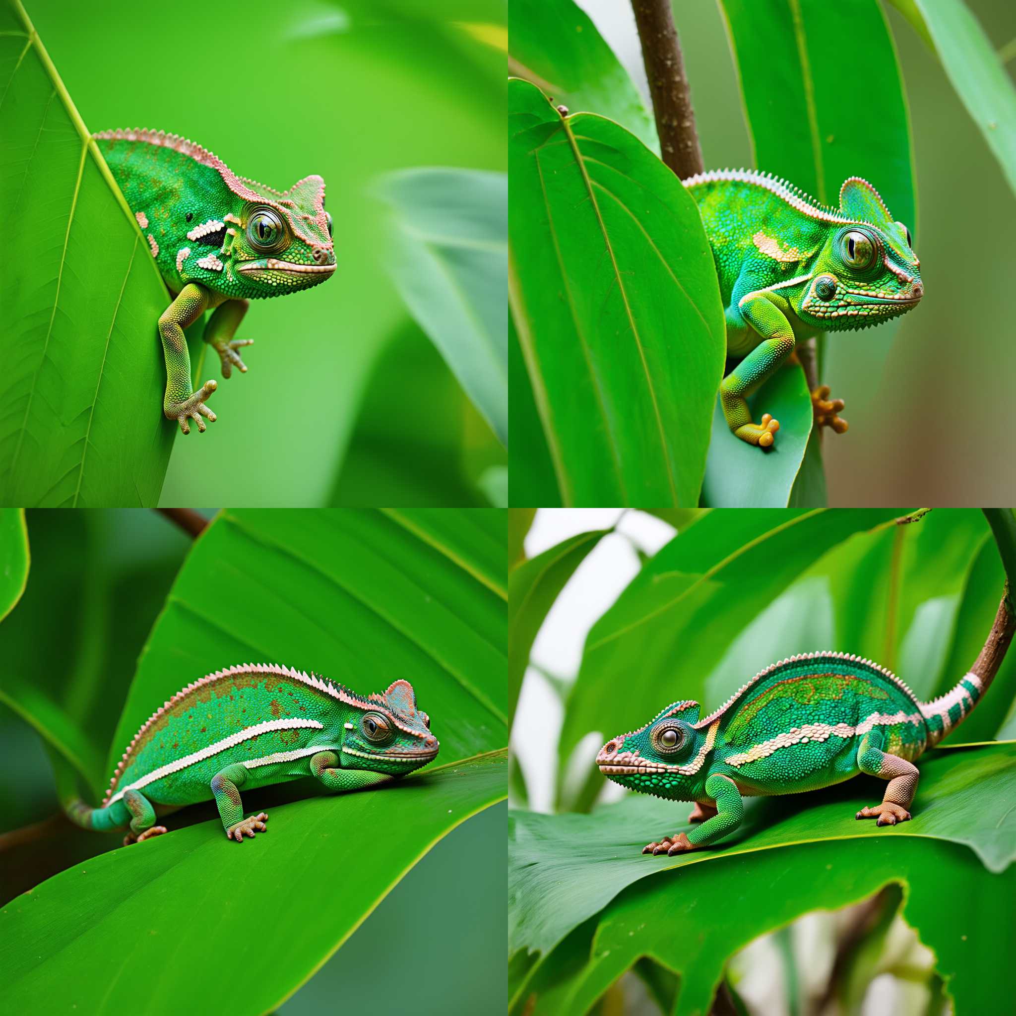 A chameleon blending in with a green leaf