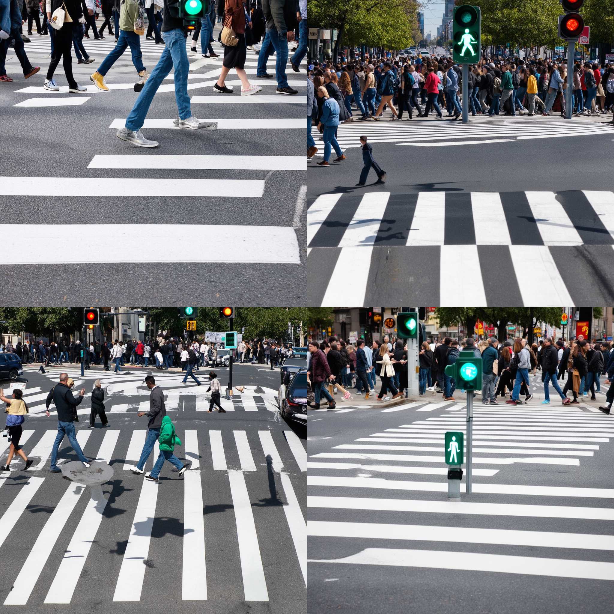 A crowded crosswalk with a green pedestrian signal