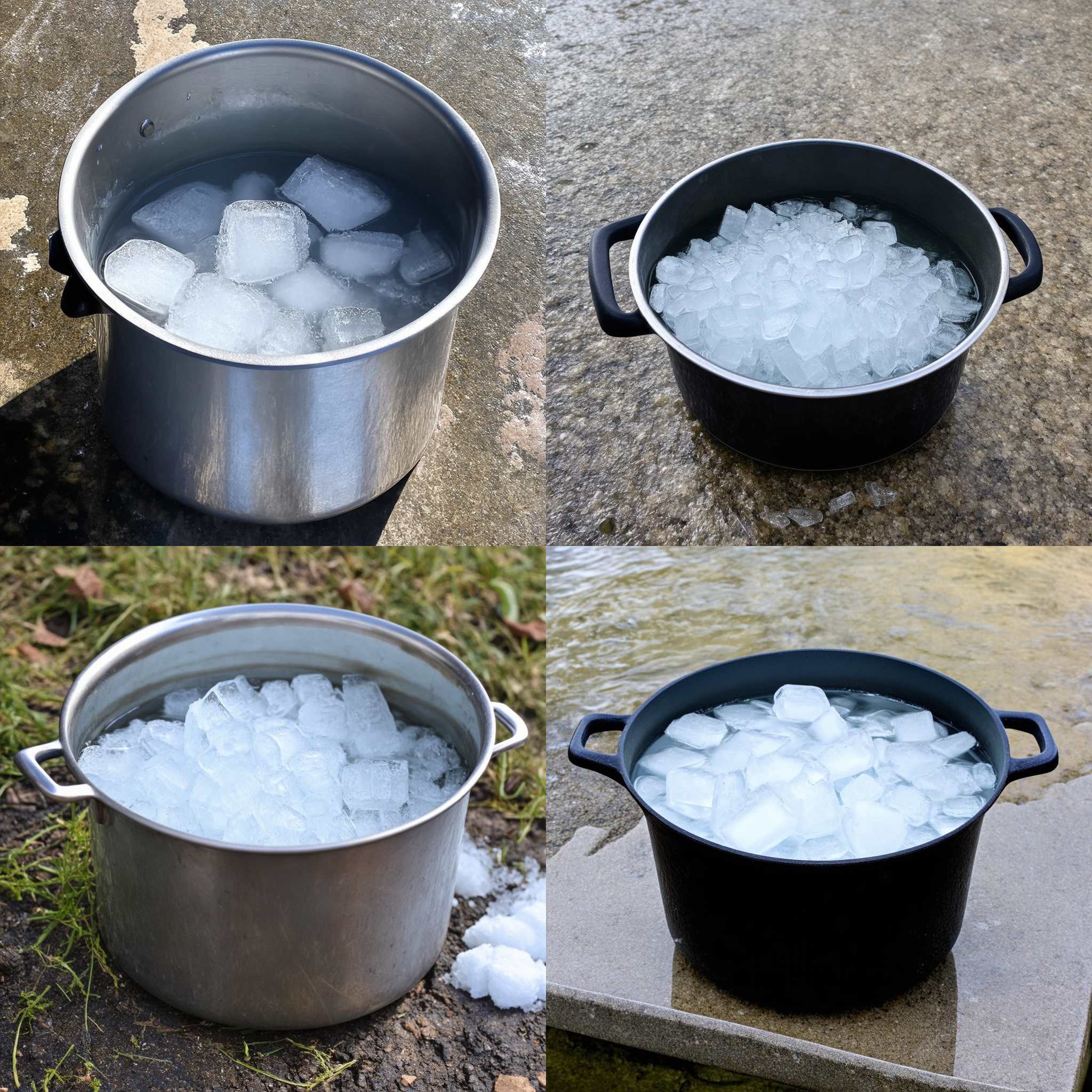 A pot of ice water on a cold day