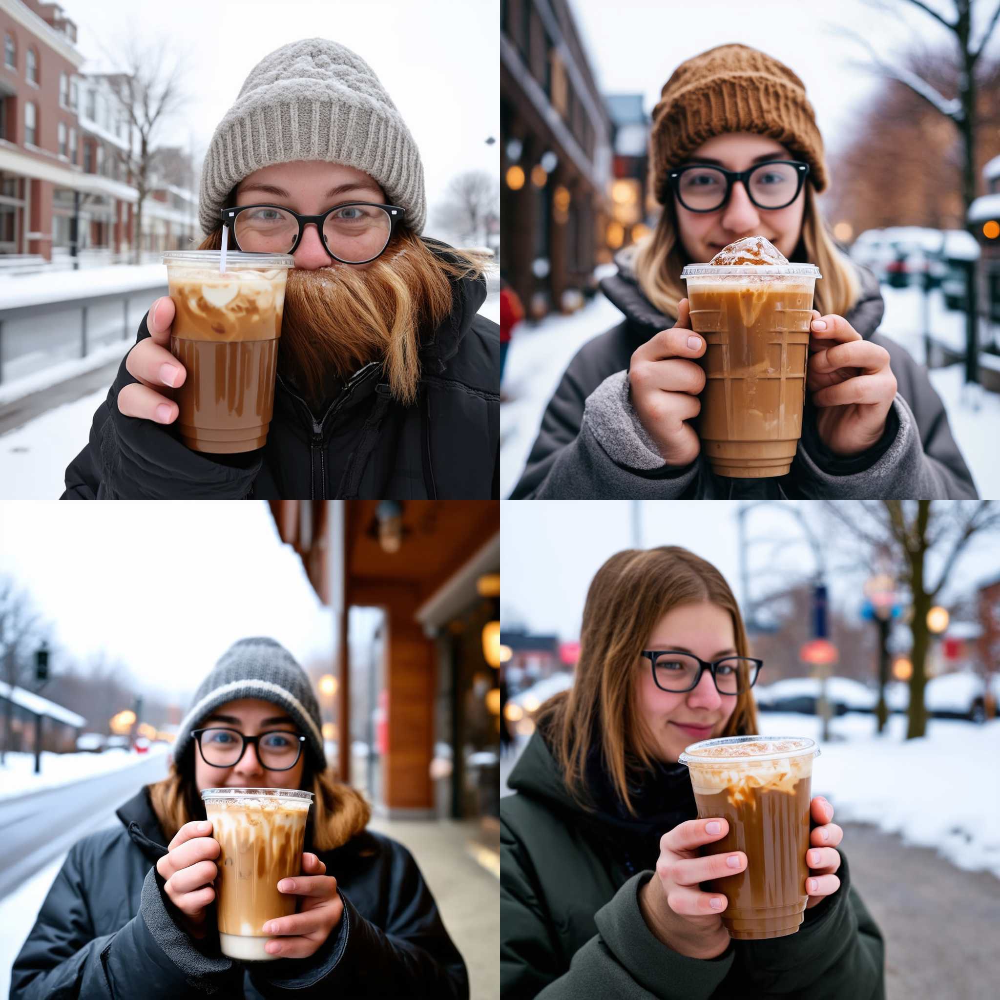 A person with glasses drinking iced coffee in winter