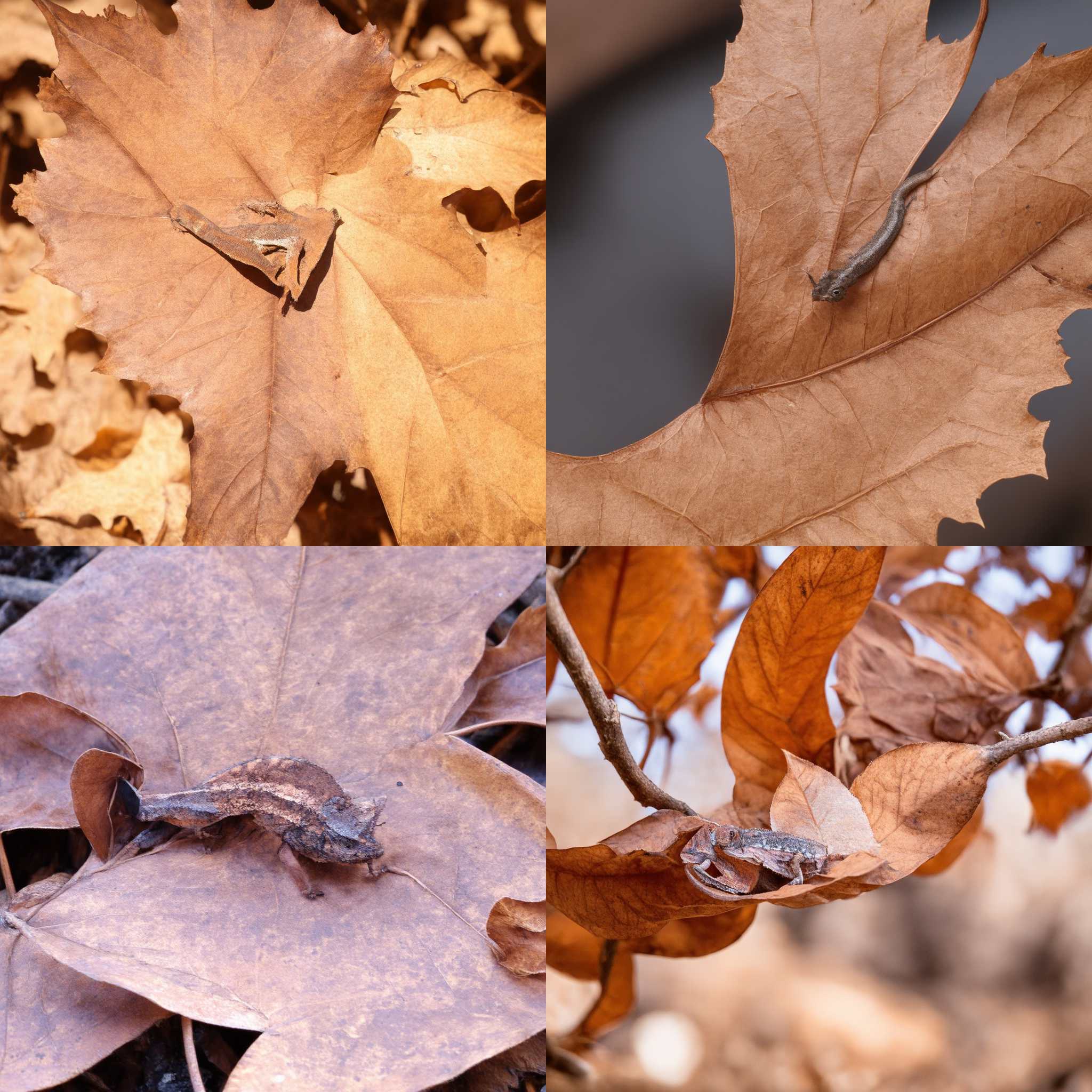 A chameleon blending in with a brown leaf