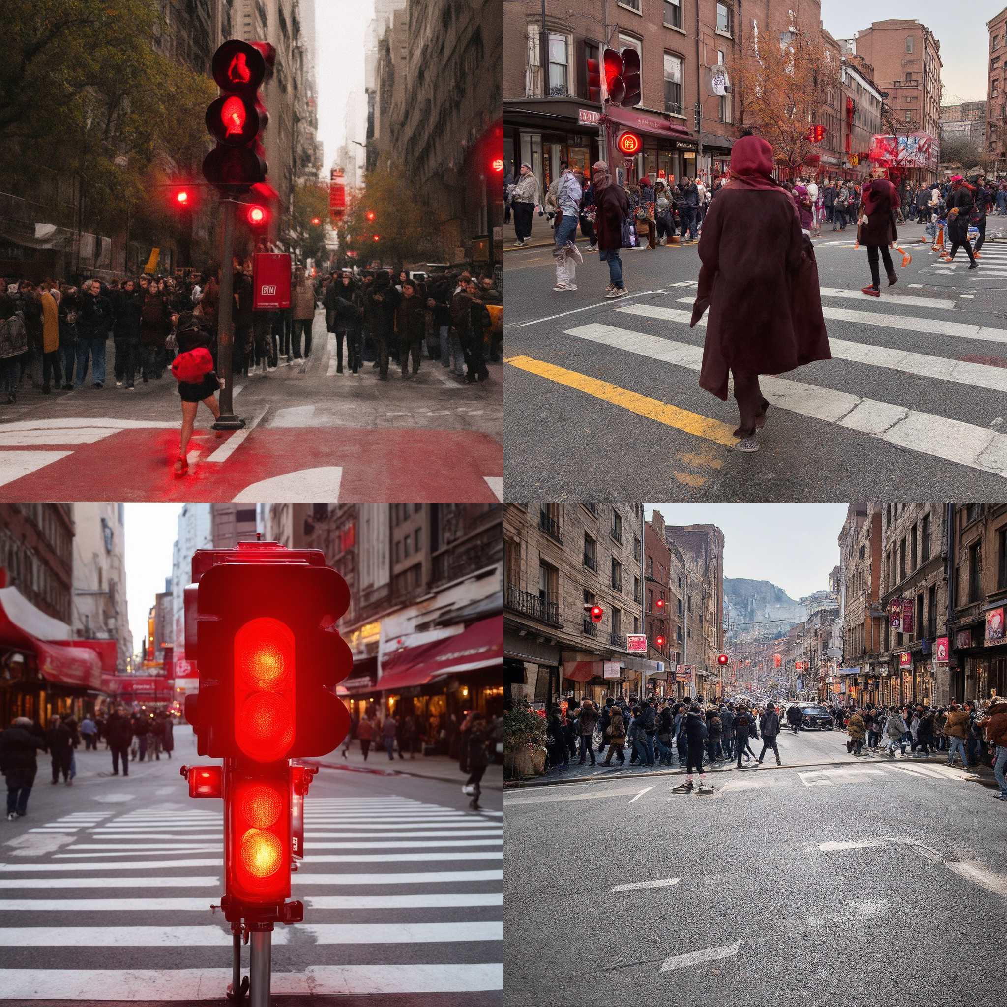 A crowded crosswalk with a red pedestrian signal