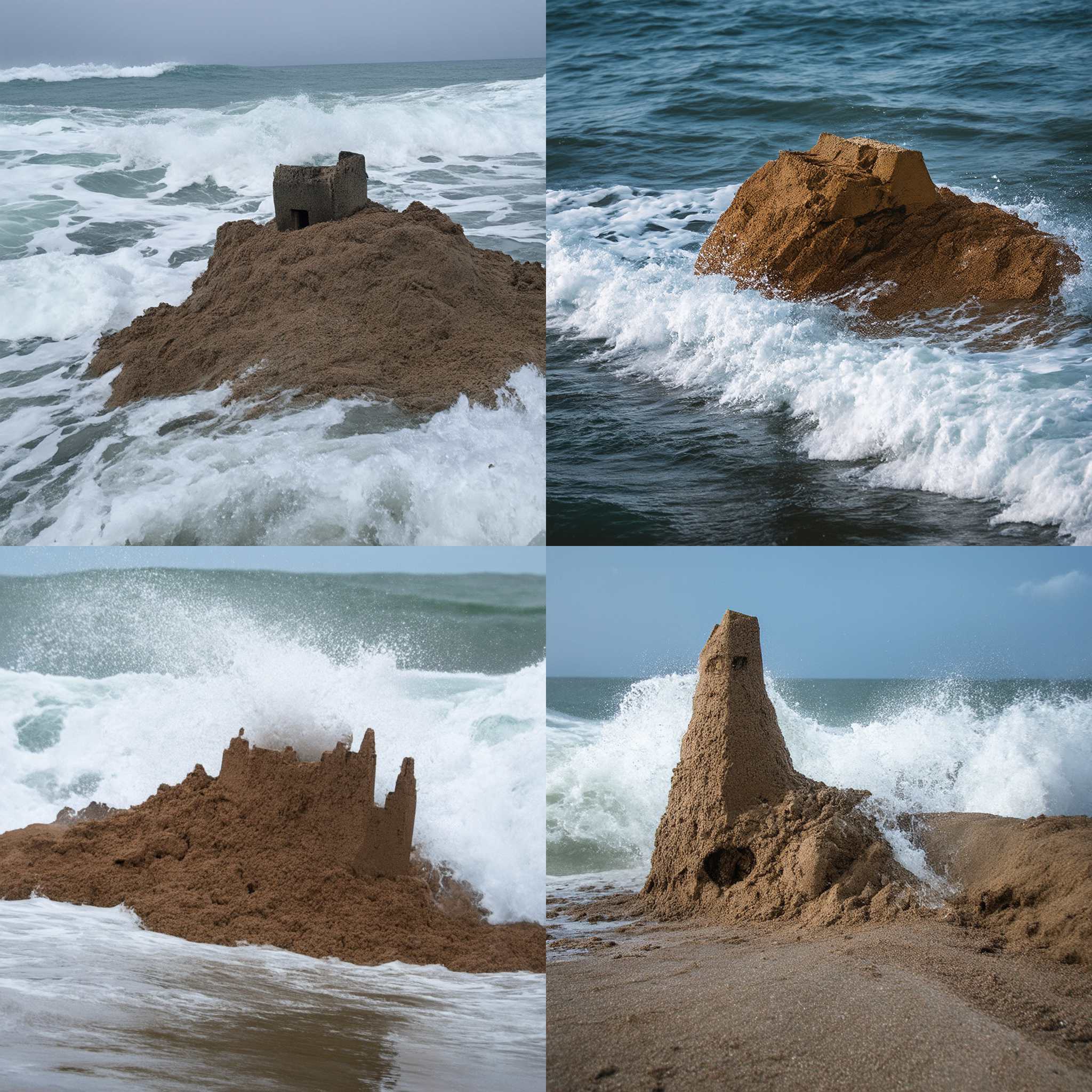 A sandcastle after being hit by a strong wave