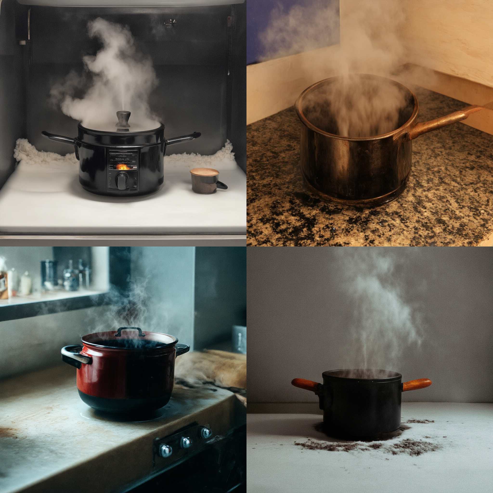 A pot of boiling water on a cold day