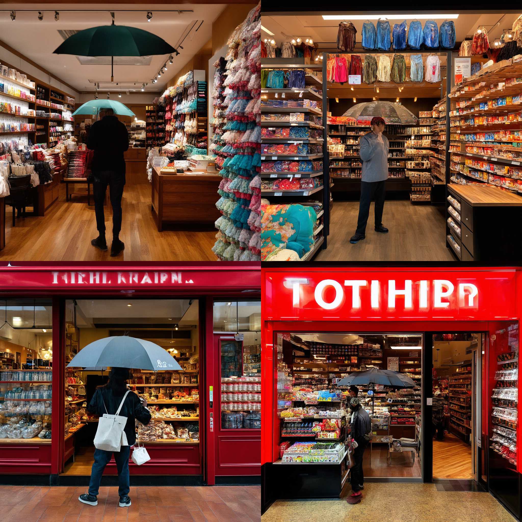 A person with an umbrella in a shop on a rainy day