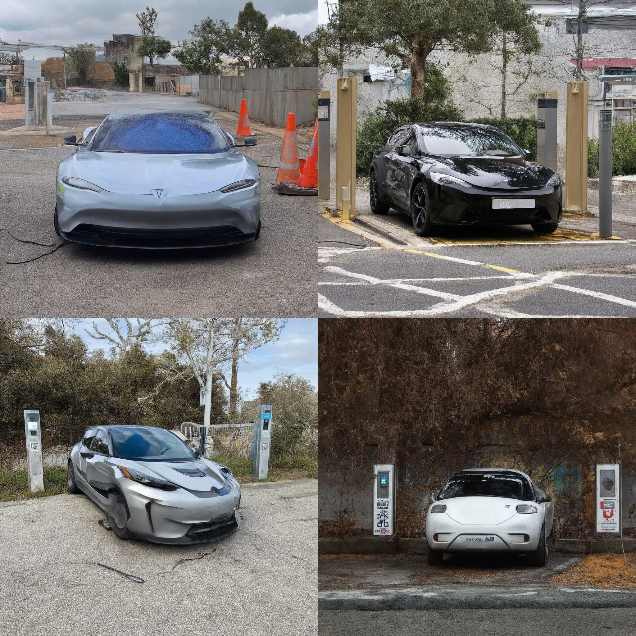 An electric car parked at a charging station but not charging yet