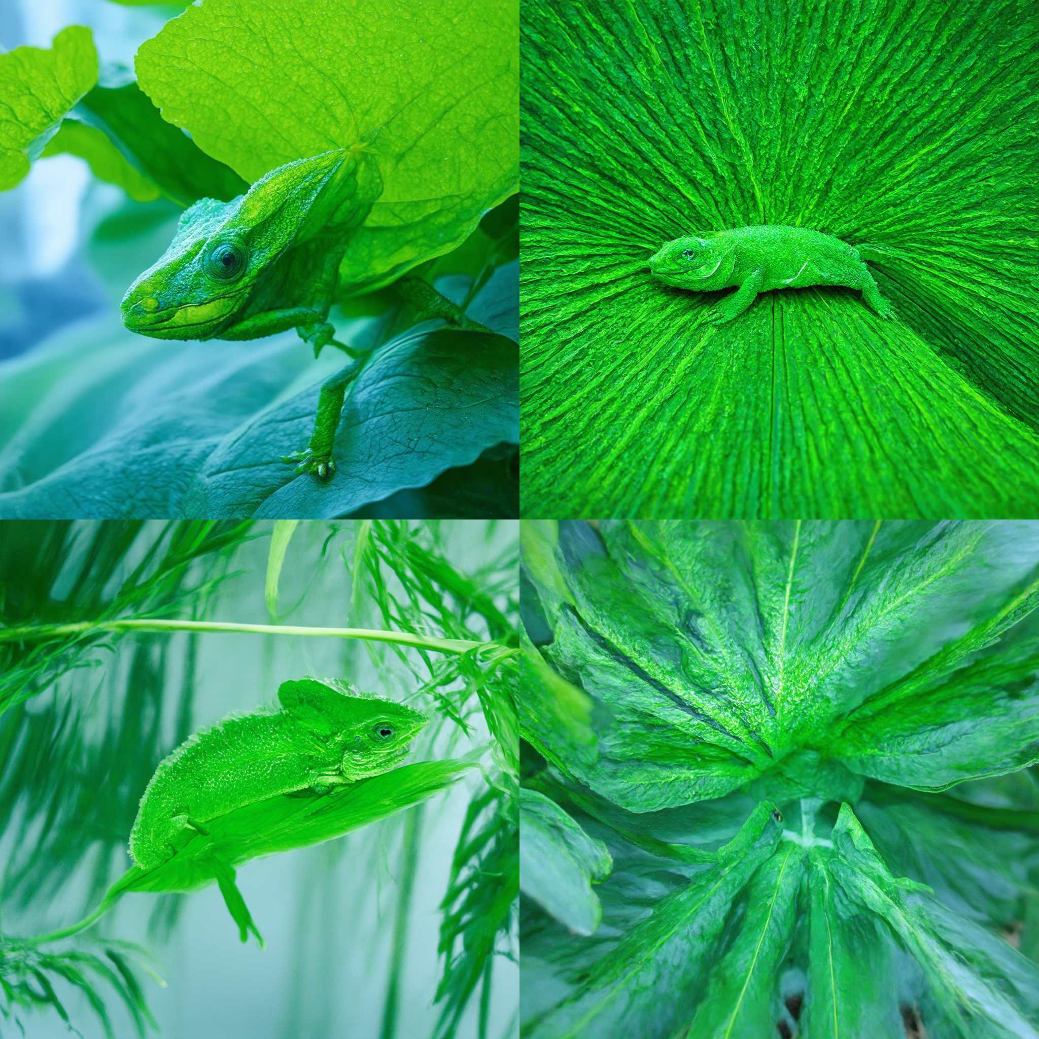 A chameleon blending in with a green leaf