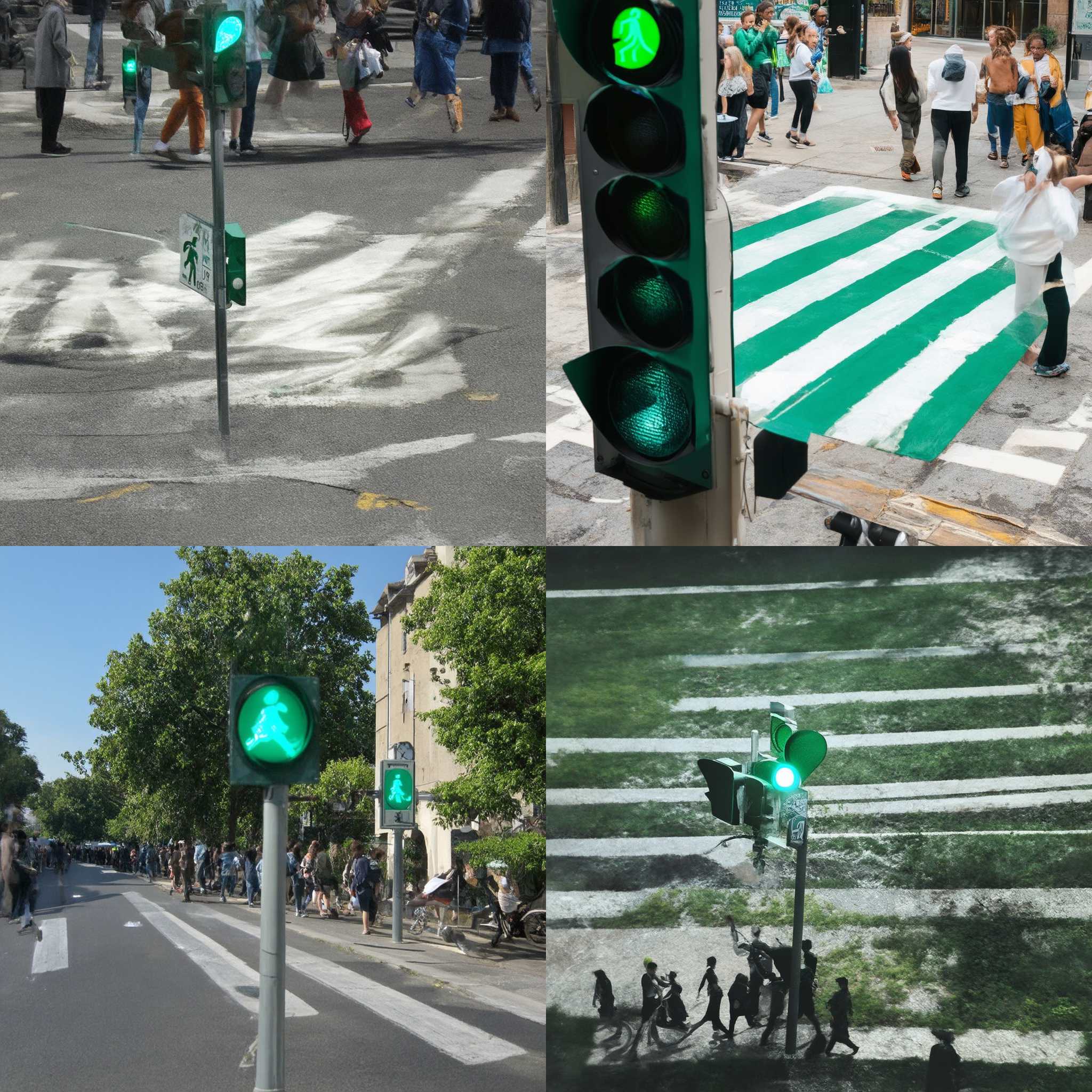 A crowded crosswalk with a green pedestrian signal