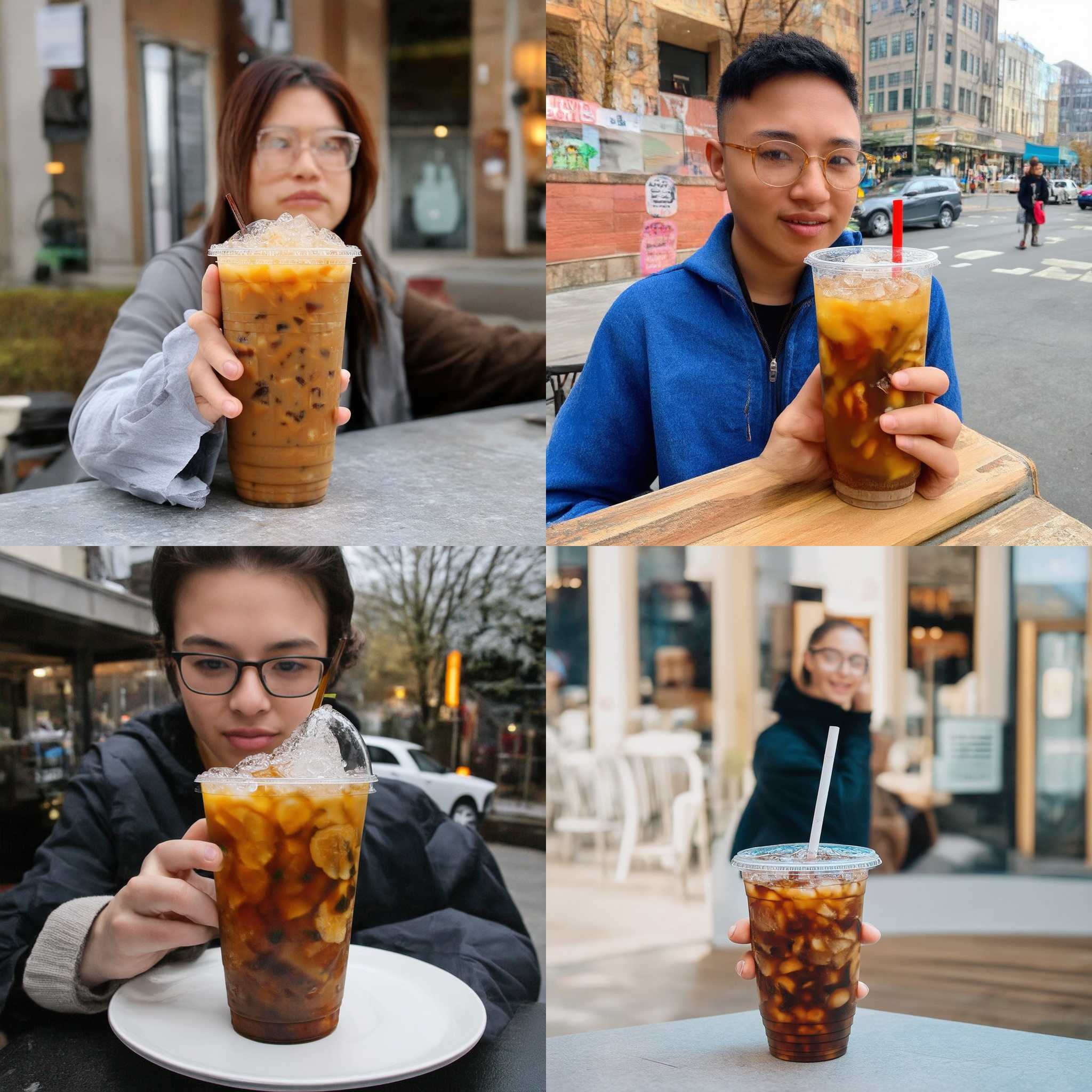 A person with glasses drinking iced coffee in winter