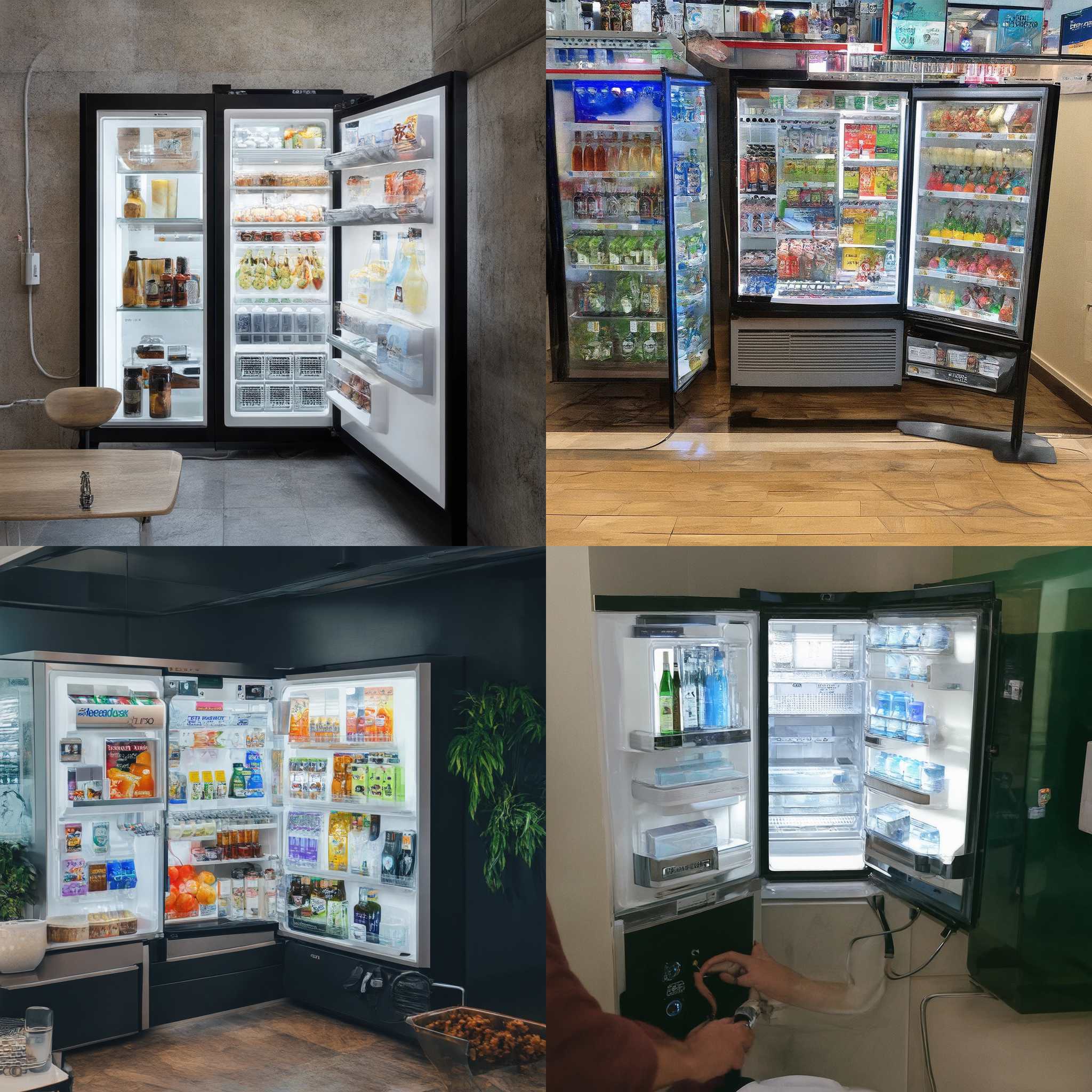 An open fridge connected to electricity