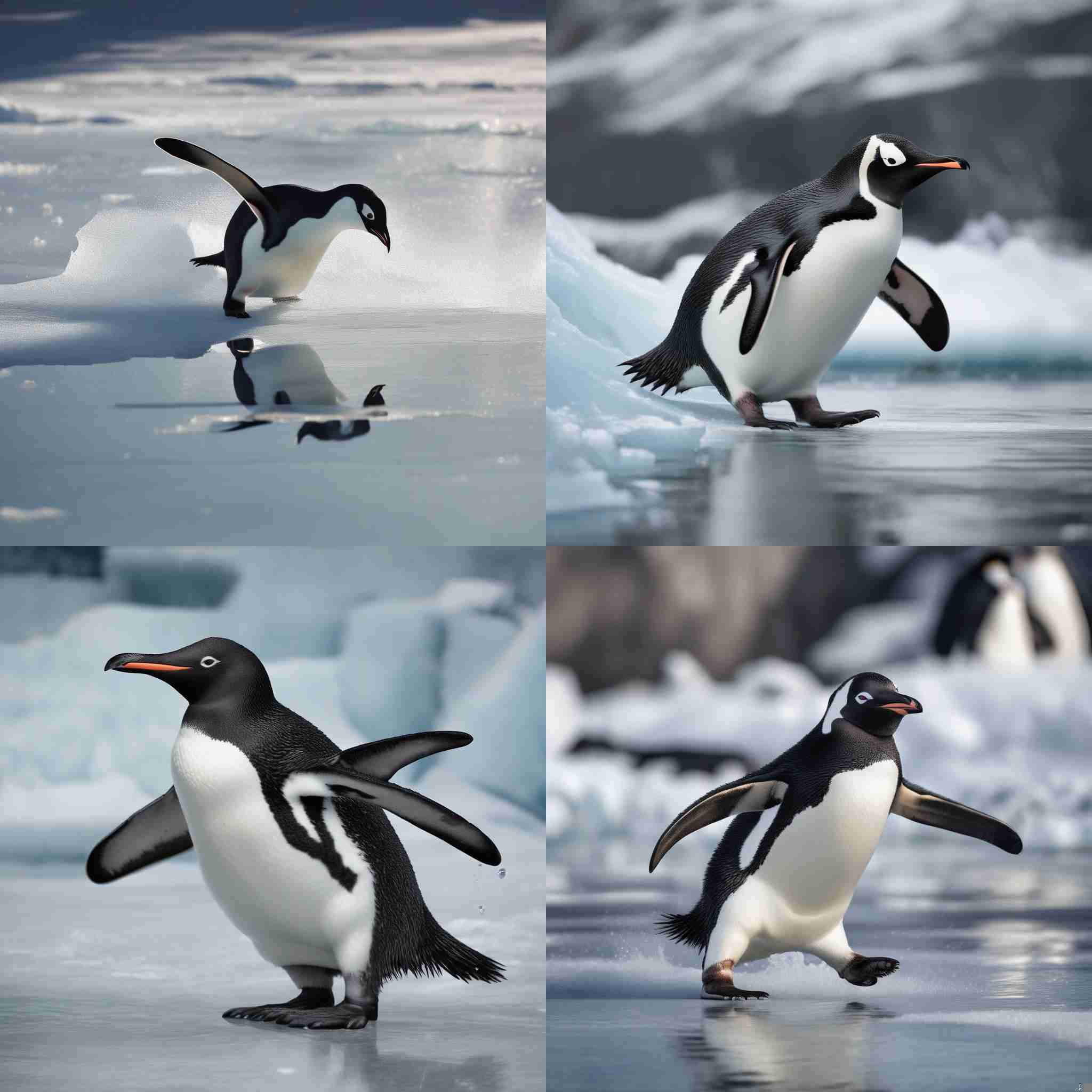 A penguin sliding on ice