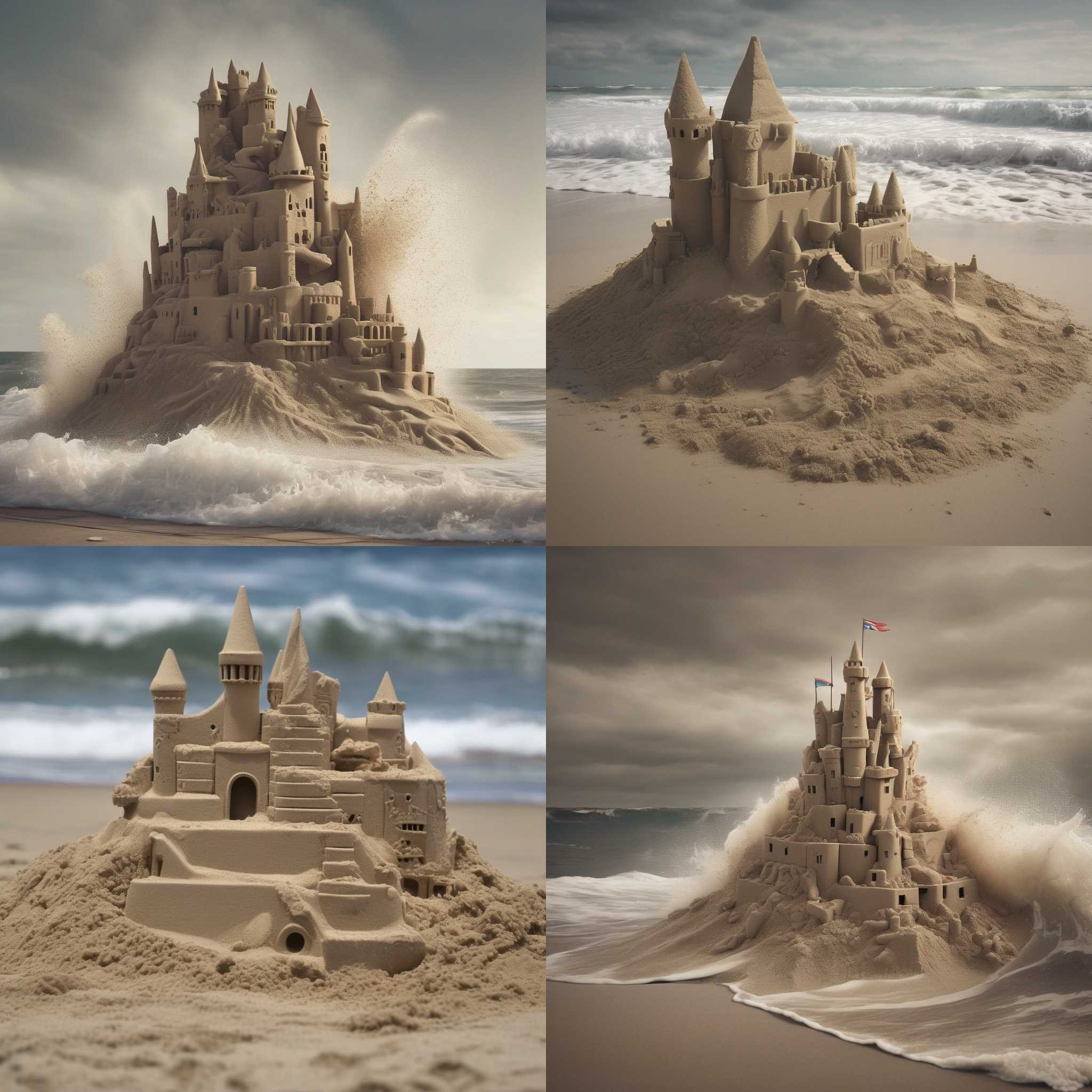A sandcastle after being hit by a strong wave