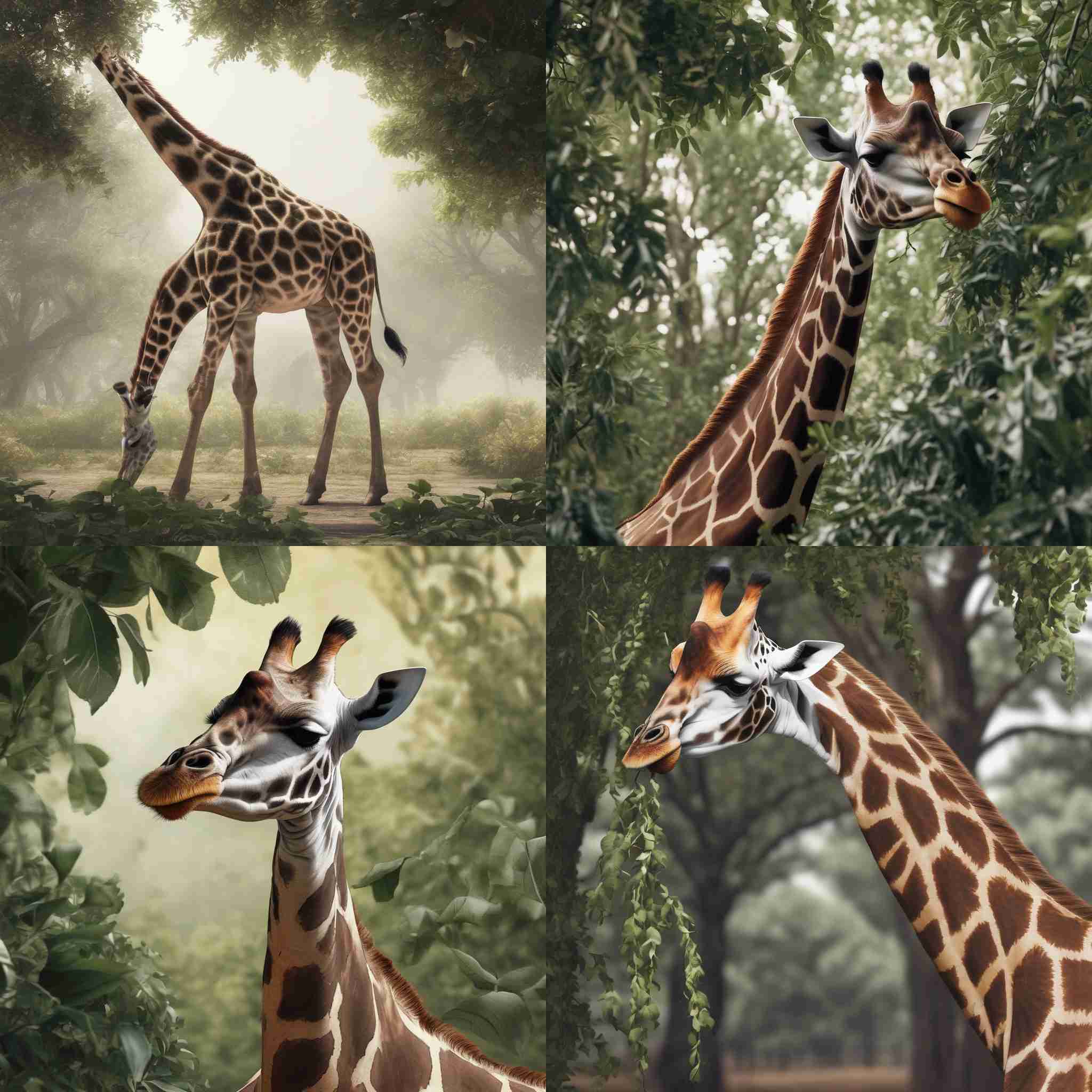 A giraffe eating tree leaves