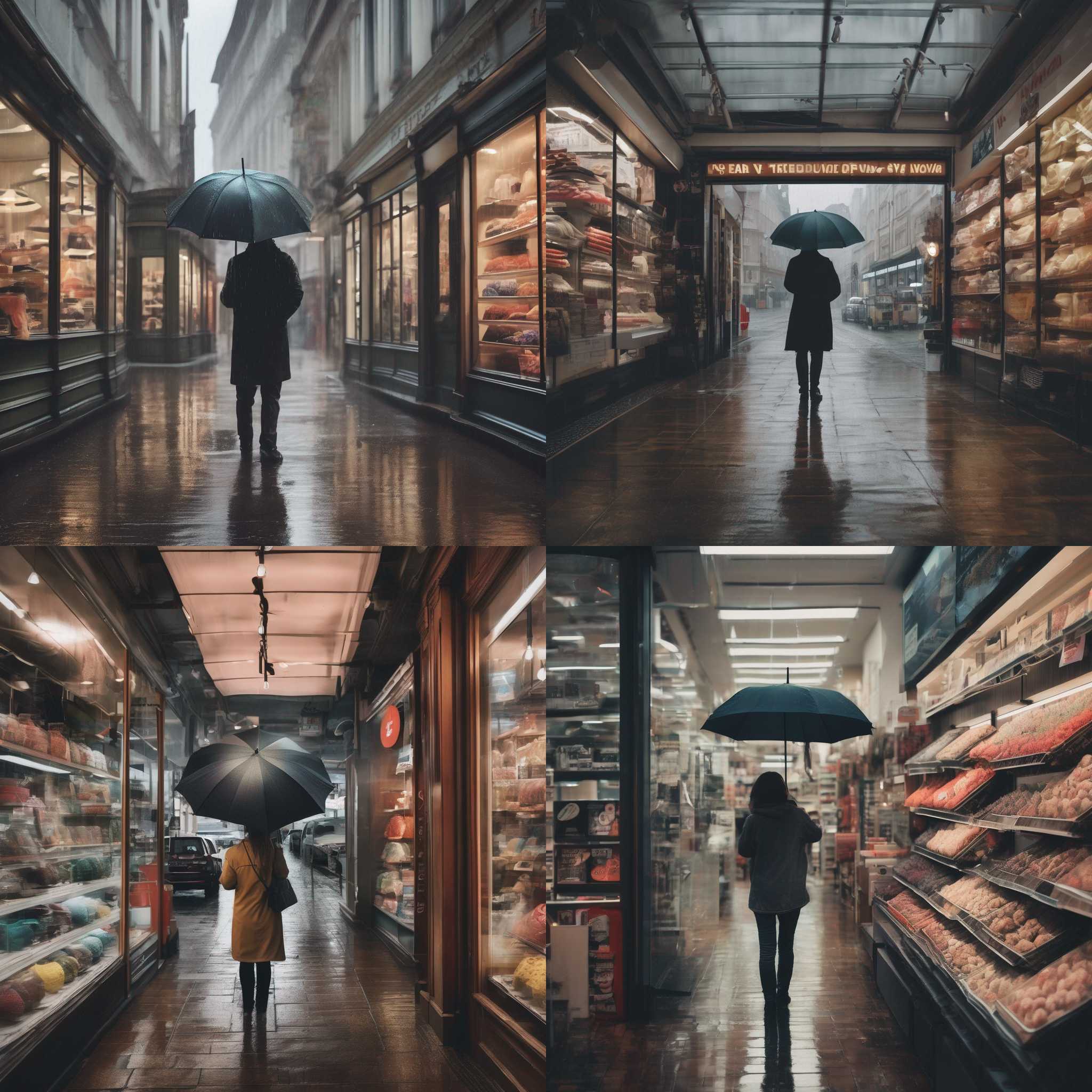 A person with an umbrella in a shop on a rainy day