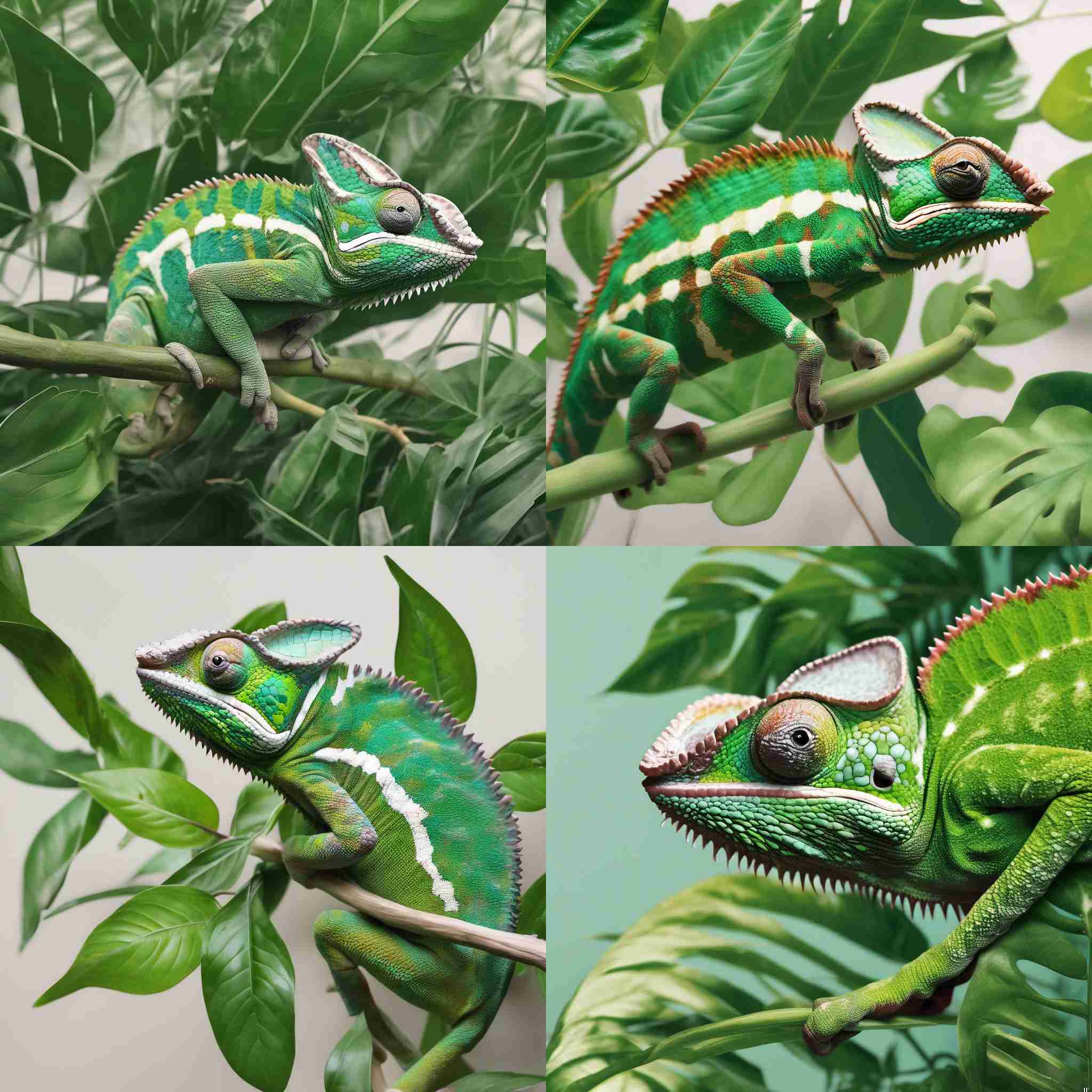 A chameleon blending in with a green leaf