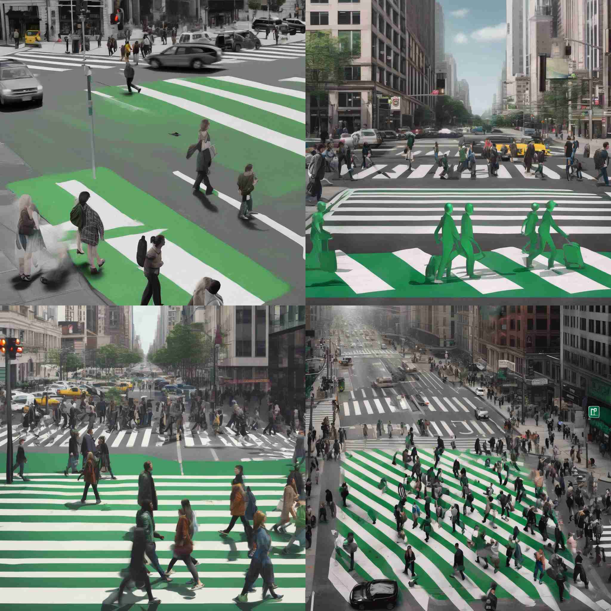 A crowded crosswalk with a green pedestrian signal