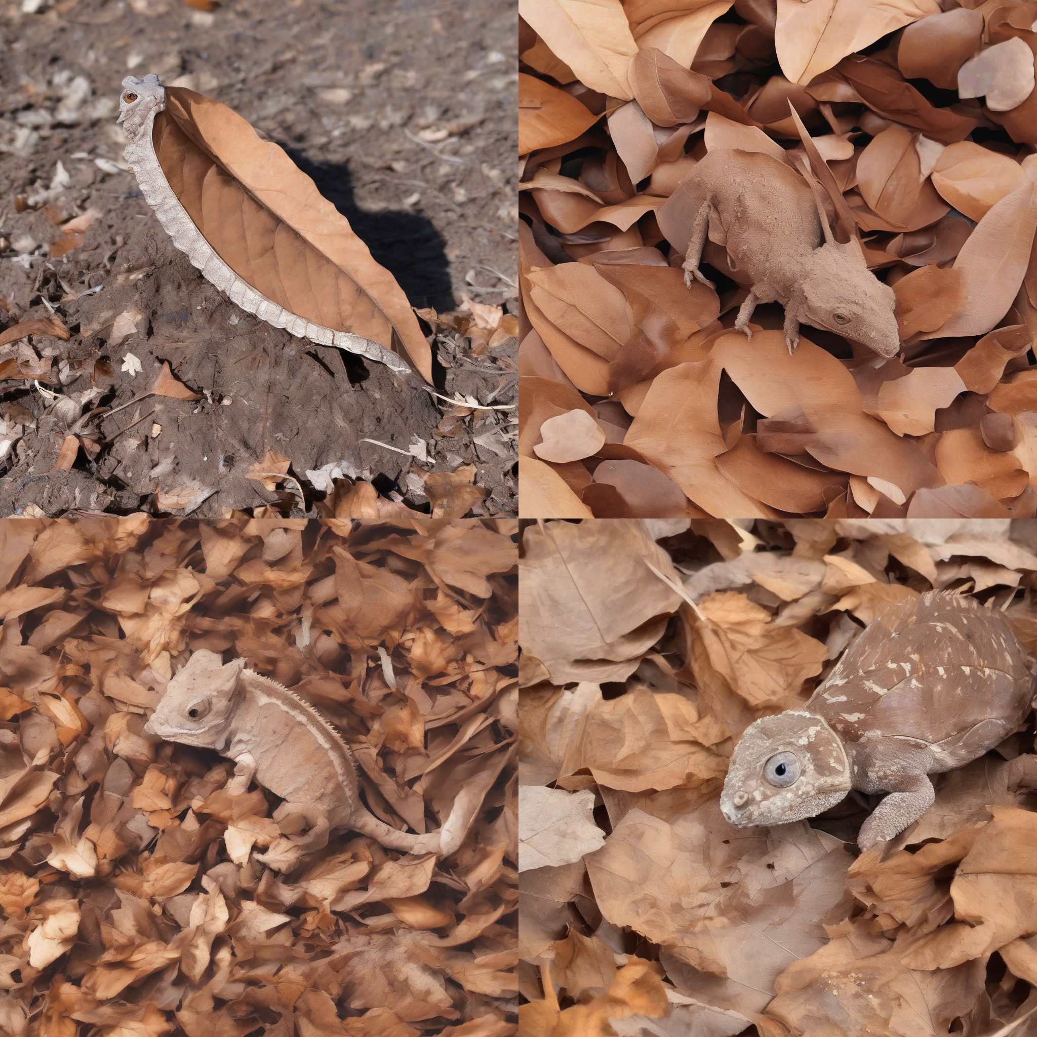 A chameleon blending in with a brown leaf