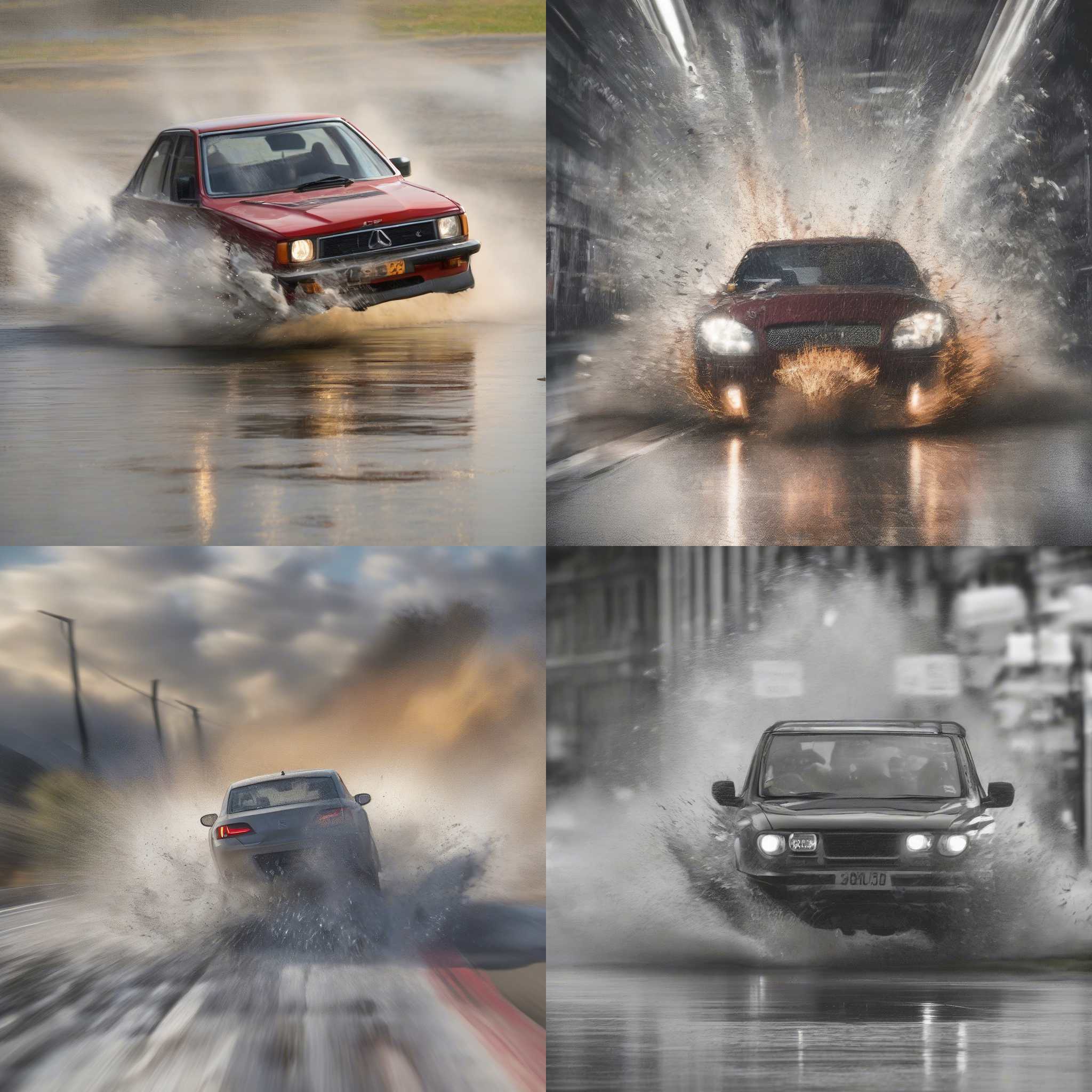 A car speeding through a puddle