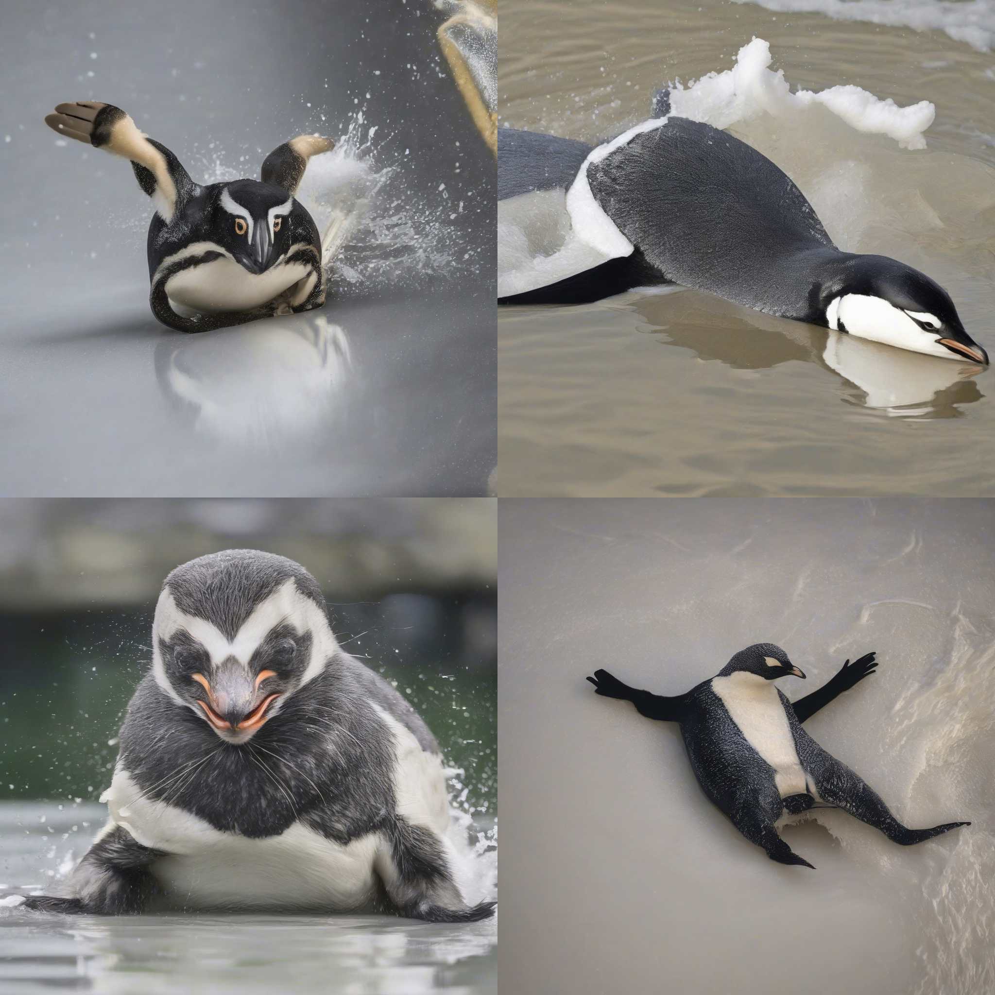 A penguin sliding on ice