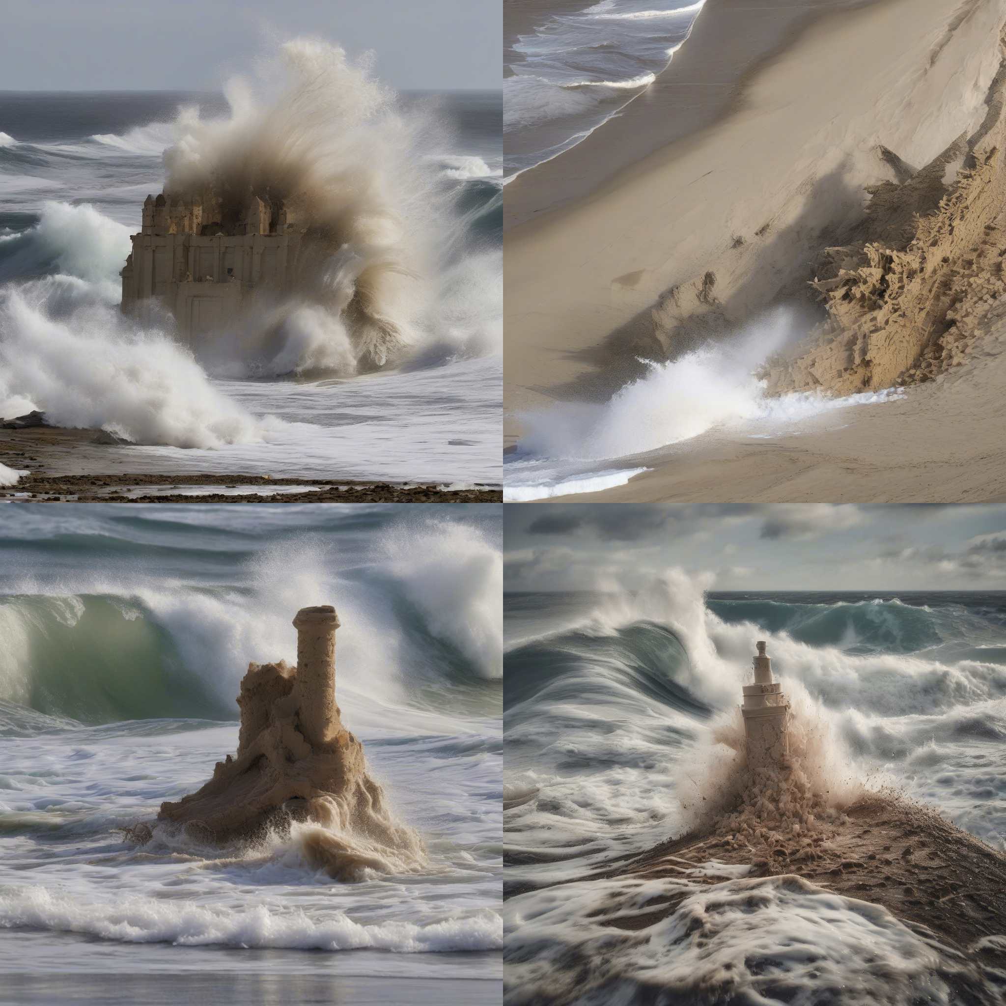 A sandcastle after being hit by a strong wave