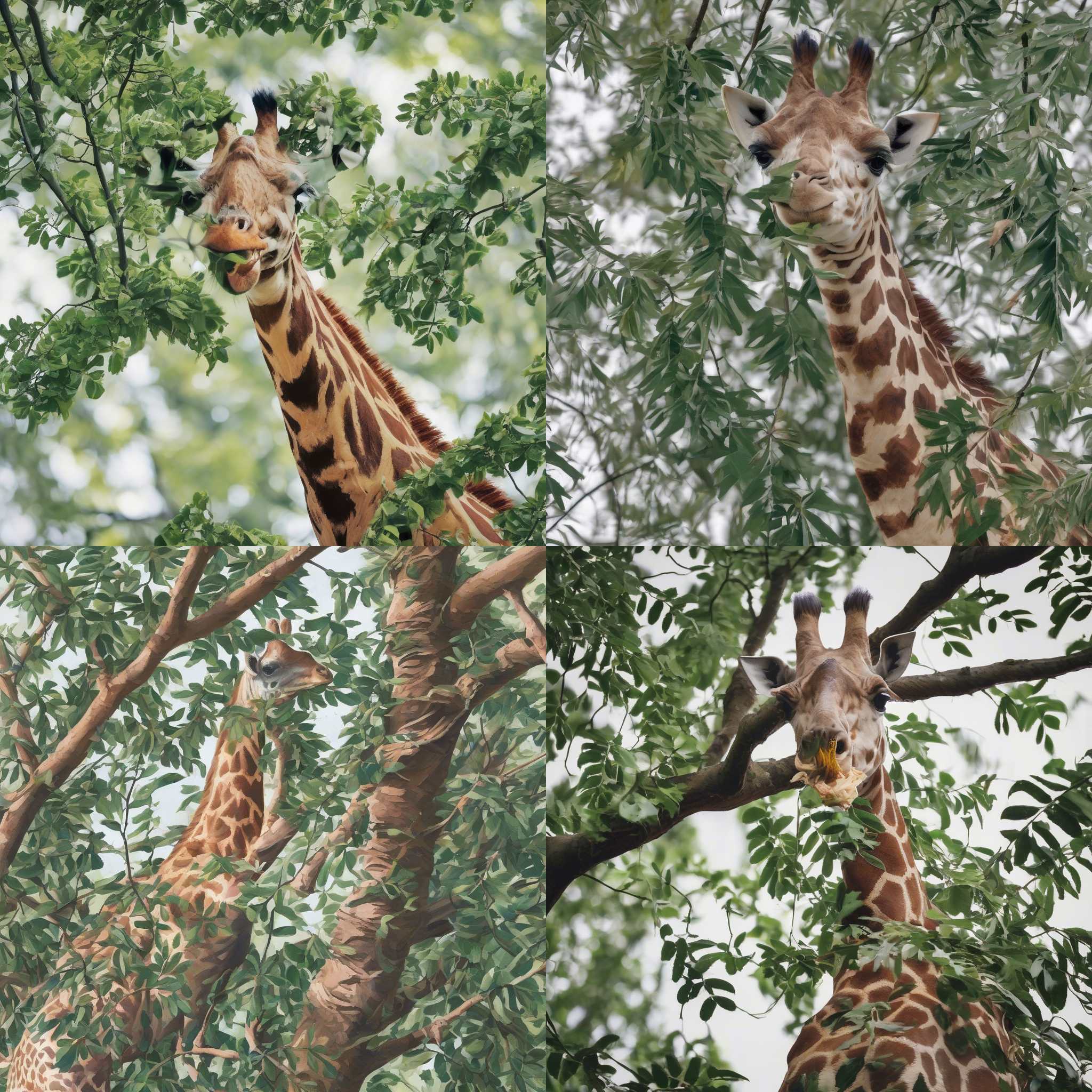 A giraffe eating tree leaves