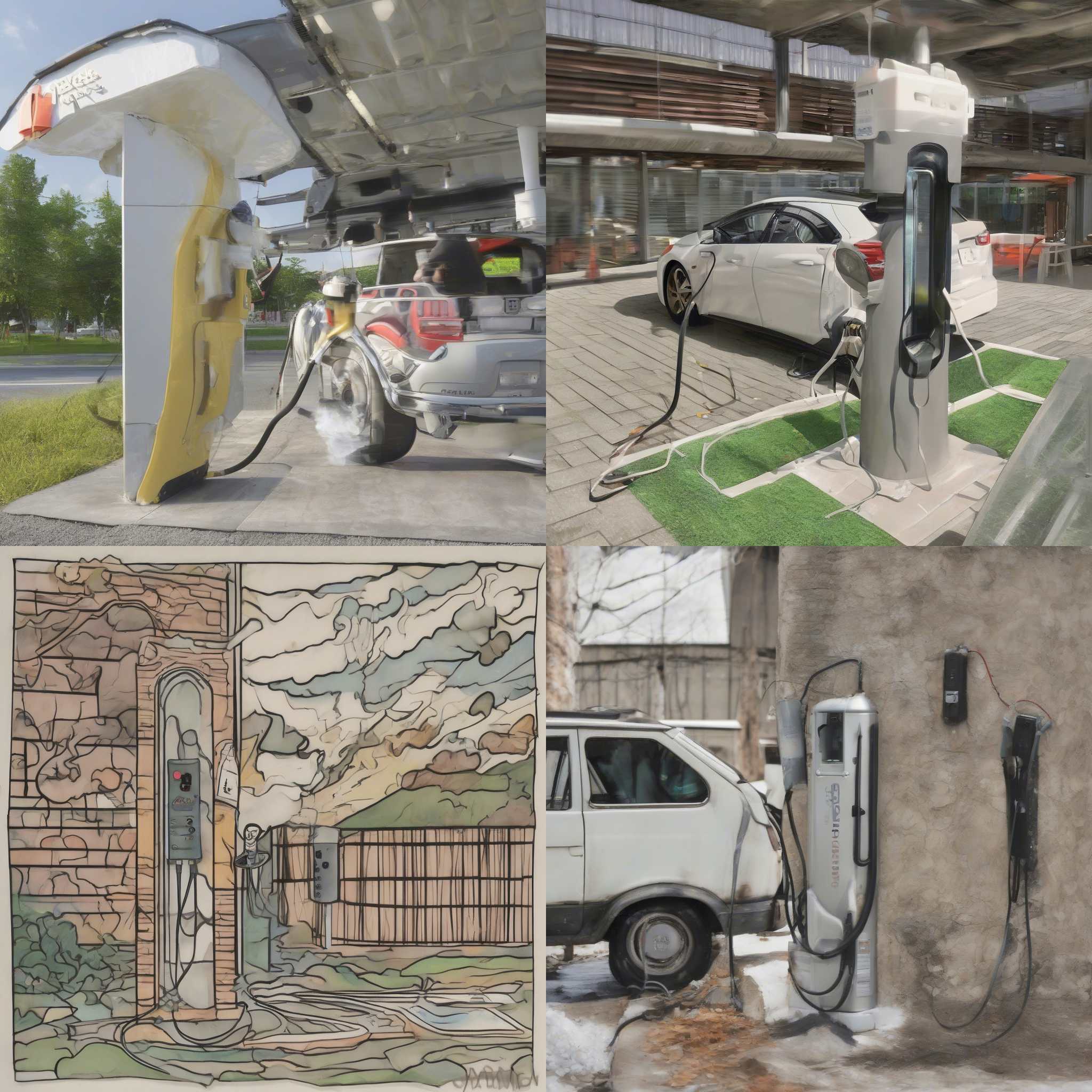 An electric car charging at a charging station